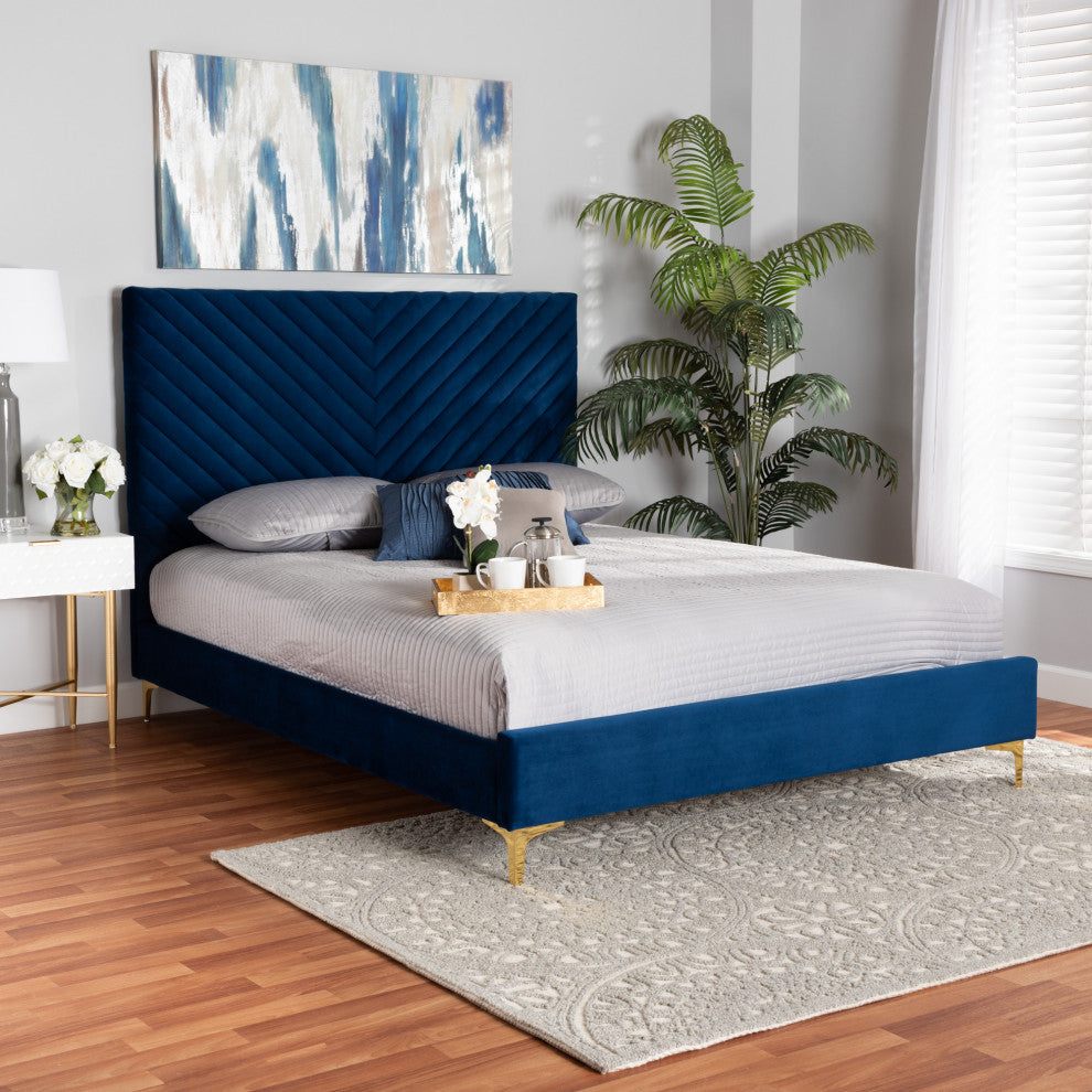 Sofi Glam and Luxe Velvet Upholstered Platform Bed, Navy Blue/Gold, King
