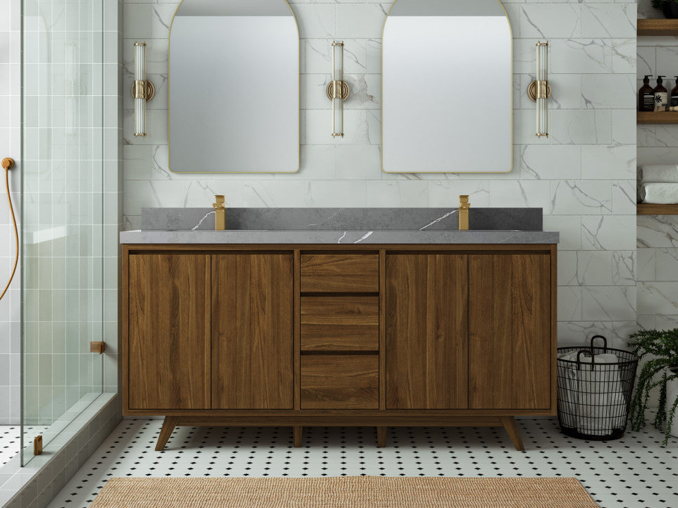Madison Teak 72 Double Sink Bath Vanity in Dark Natural 2" Piatra Gray