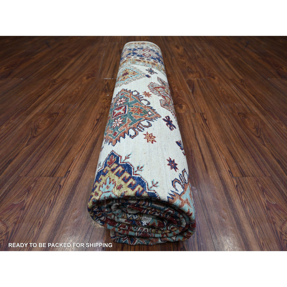 Smoky White Wool Hand Knotted Afghan Super Kazak Oriental Rug, 9'2"x11'10"