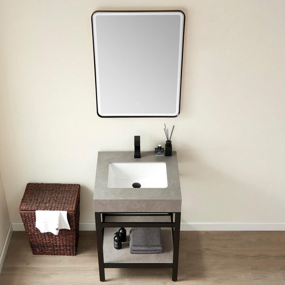 Funes Bath Vanity with Mirror, Matte Black Support, 24'''', Grey Stone Top