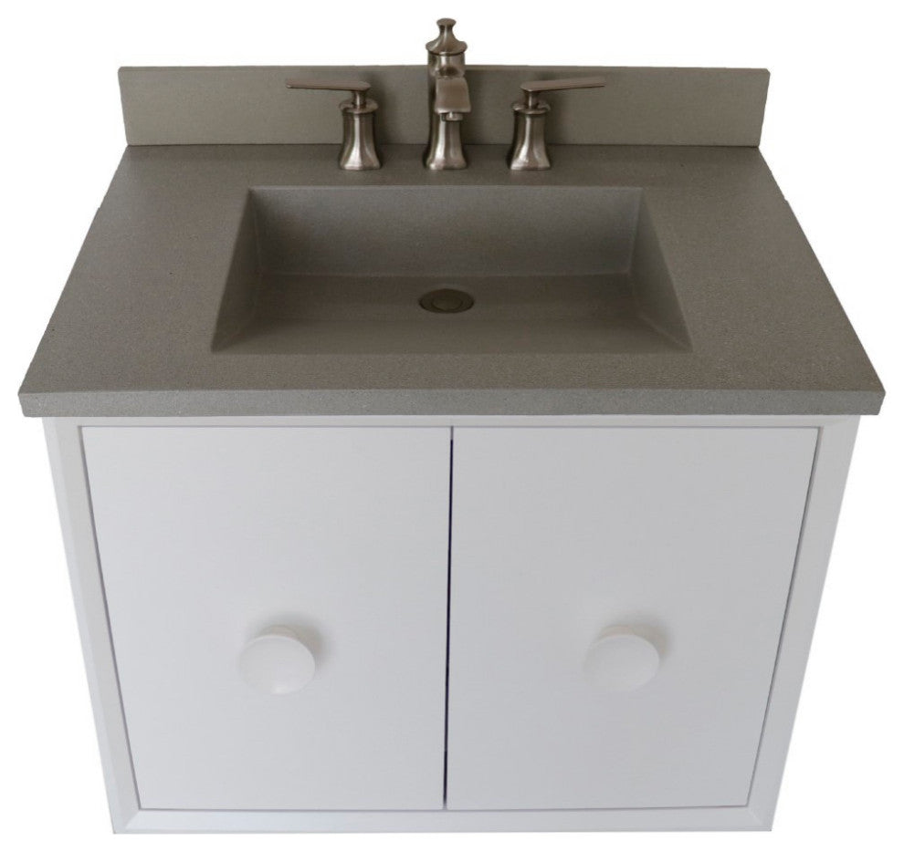 31" Single Vanity, White Finish With Gray Concrete Top And Rectangle Sink