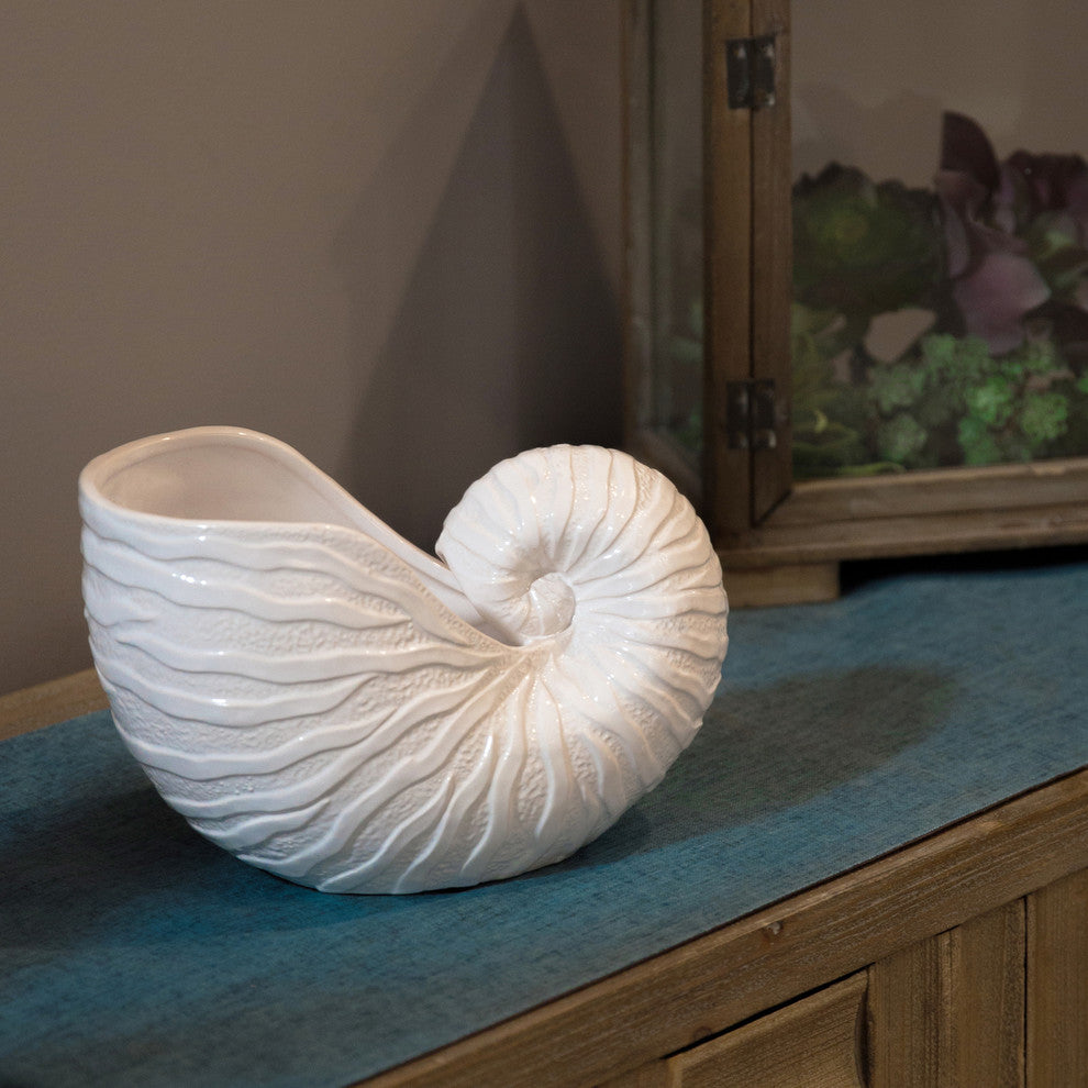 Ceramic Nautilus Seashell Sculpture, White