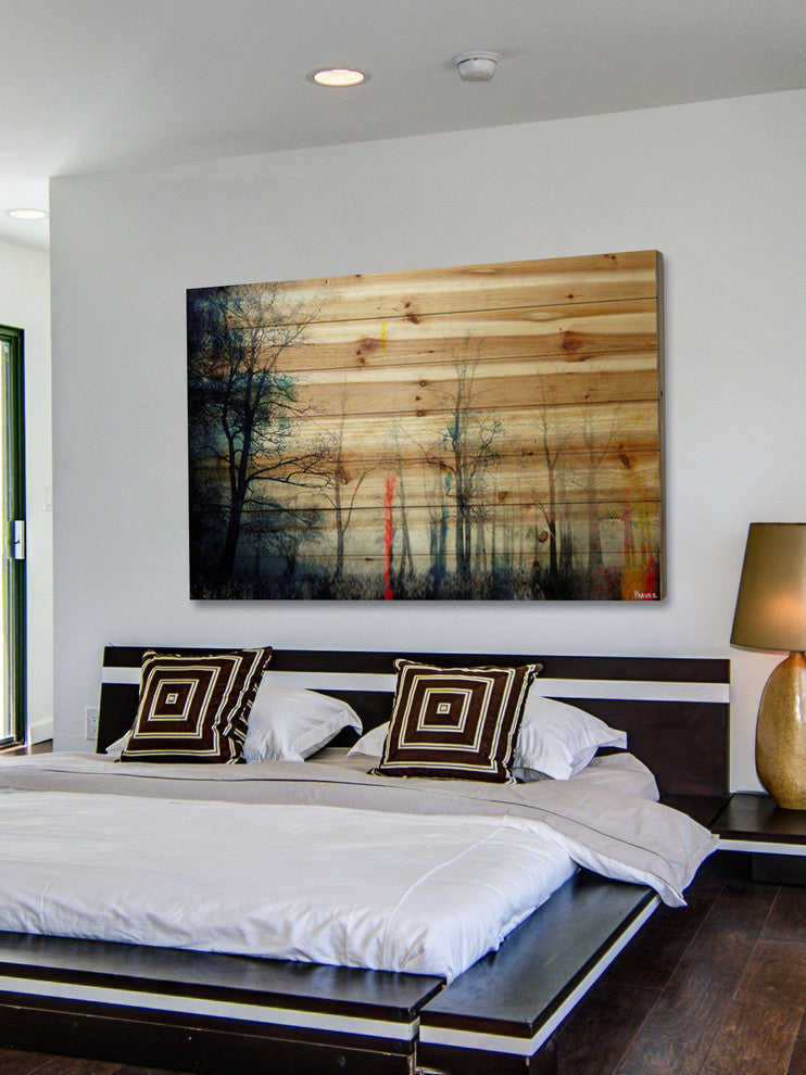 "Tall Tree Silhouette" Painting Print on Natural Pine Wood, 60"x40"