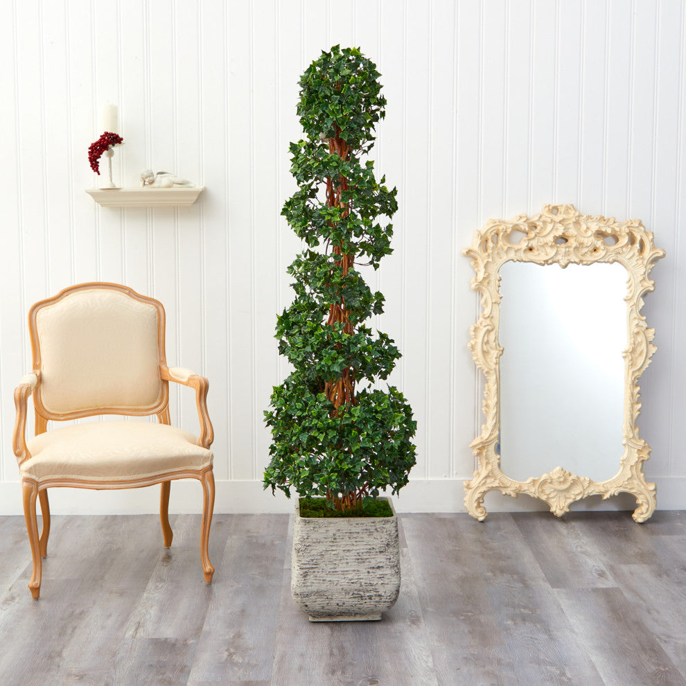 70" English Ivy Topiary Spiral Faux Tree, Planter UV Resistant, Outdoor/Indoor