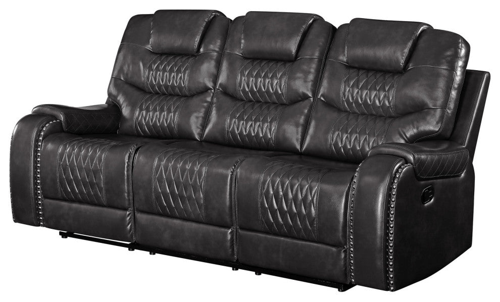 Benzara BM251077 Motion Sofa, Leatherette Upholstery/Diamond Tufts, Dark Gray