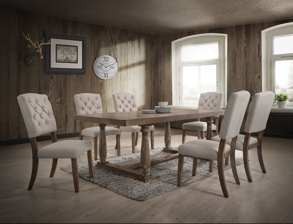 ACME Bernard Side Chair (Set-2), Cream Linen and Weathered Oak