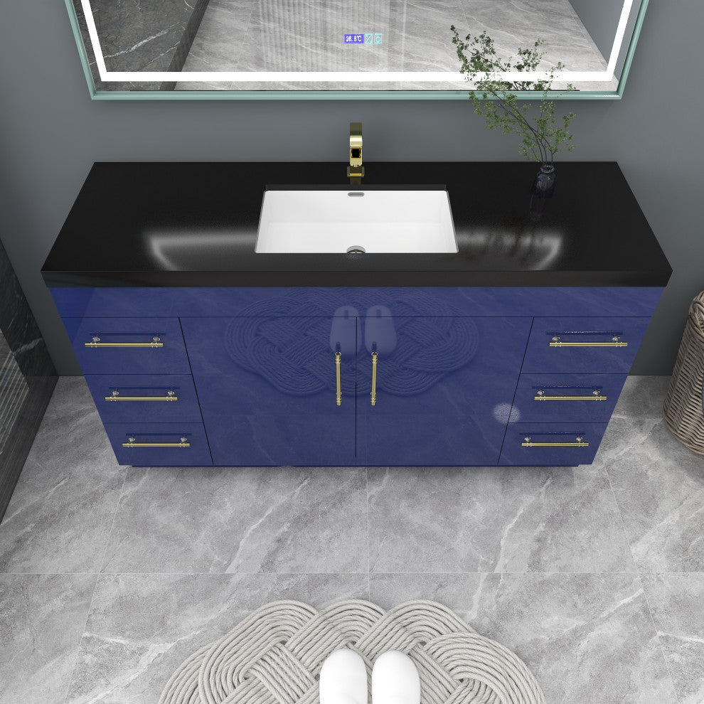 Rosa 60" Free Standing Modern Vanity, High Gloss Gray, Glossy White Top