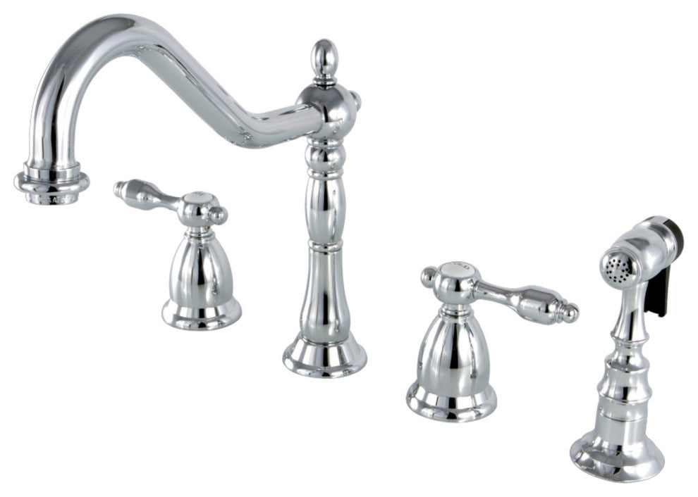 Kingston Brass Widespread Kitchen Faucet With Brass Sprayer, Polished Chrome