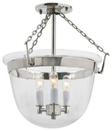 Small Semi Flush Classic Bell Lantern In Clear Glass, Polished Nickel
