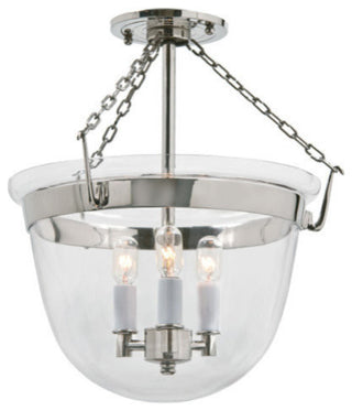 Small Semi Flush Classic Bell Lantern In Clear Glass, Polished Nickel