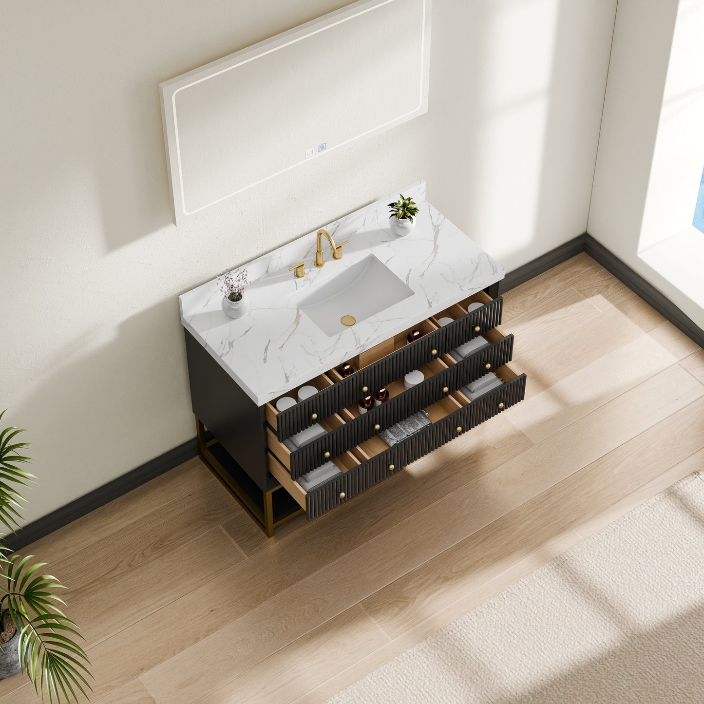 60''Wood Bathroom Vanity Set, With Drawers, Marble Top And Undermount Sink, White