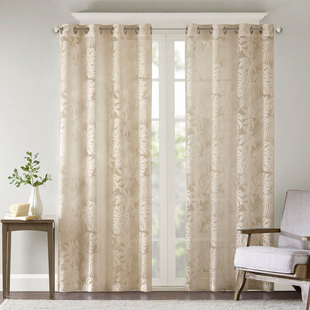 Madison Park Leilani Botanical Burnout Palm Leaf Sheer Window Panel, Natural, 50