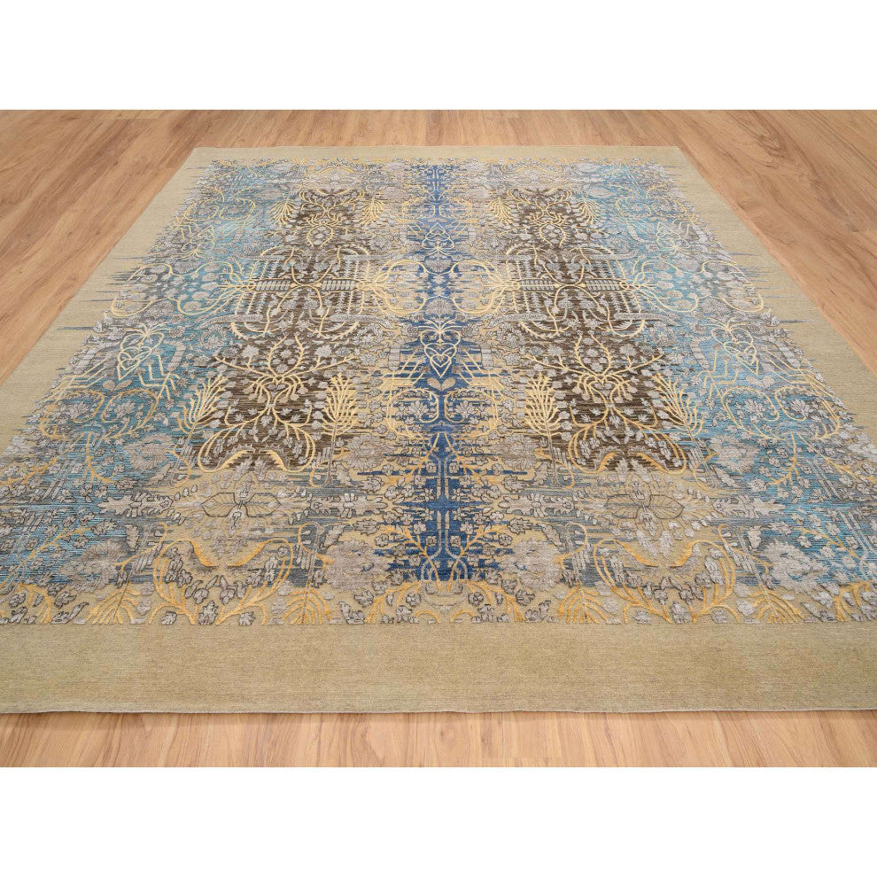 Tan/Brown Silk With Textured Wool Hand Knotted Sarouk Square Rug, 12'0"x12'2"