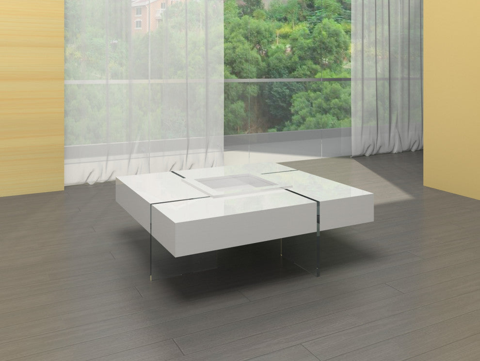 Coffee Table Lacquer Top With Removable Tray and Glass Base, 40x40x16"