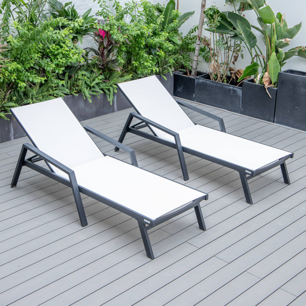 LeisureMod Marlin Outdoor Patio Stackable Chaise Lounge Chair with Arms Set of 2, White