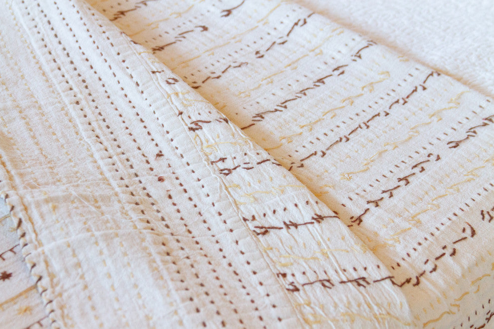 Summer White Quilted Cotton Kantha Bedcover