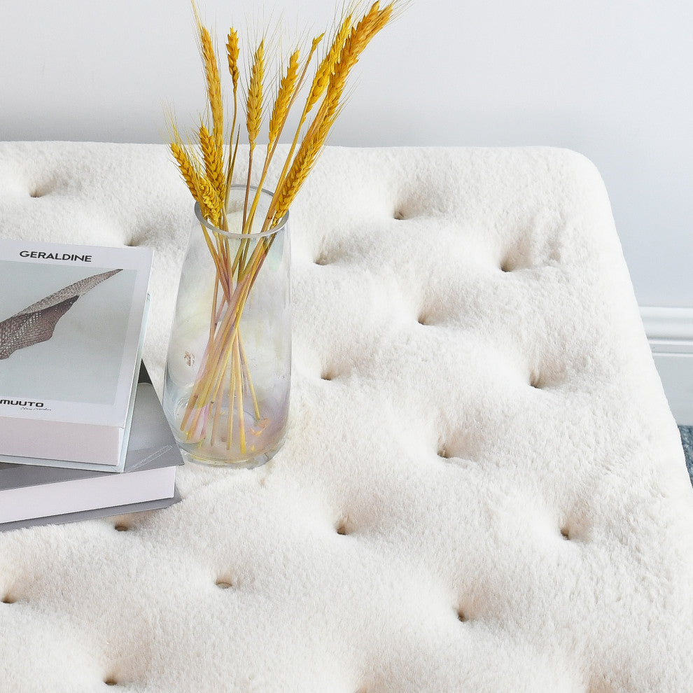 Rabbit Faux Fur Tufted Coffee Table, Egret, 33"x33"x18"