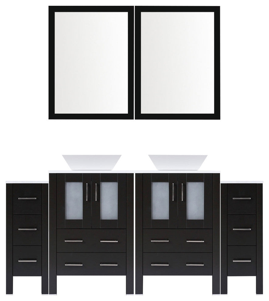 Modern Vanity Set With Two Sink Bases With Mirrors and Two Drawer Bases, Espress