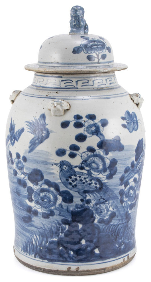 Vintage Temple Jar Flower Bird Motif, Small
