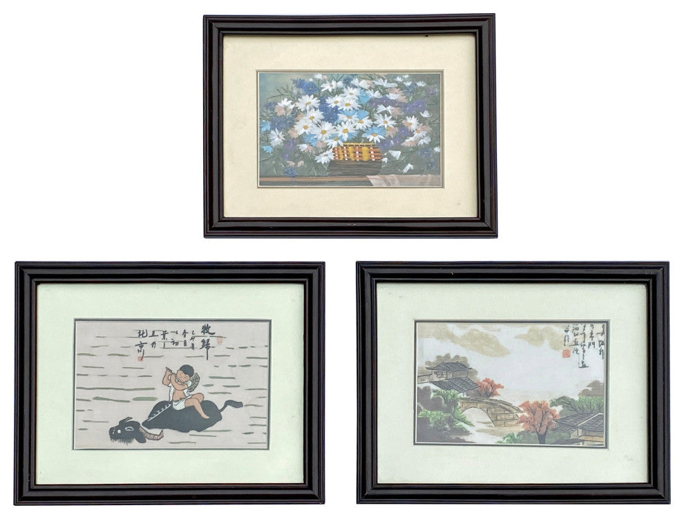 Set of 3 Oriental Chinese Embroidery Flower People Scenery Framed Art Hws3210