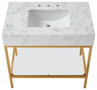 Marmo Bathroom Vanity, White, 36" Wide, Brushed Brass Finish