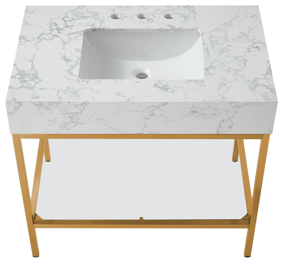 Marmo Bathroom Vanity, White, 36" Wide, Brushed Brass Finish