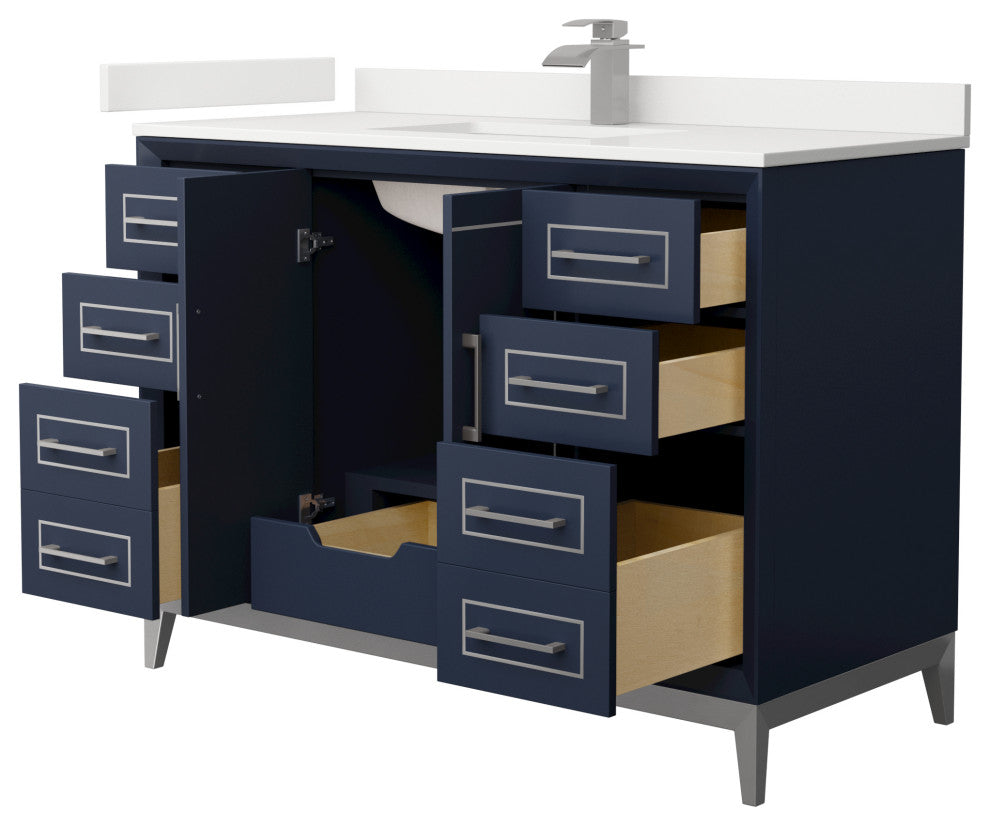 Marlena 48" Dark Blue Single Vanity, Quartz Top, 1-Hole, Nickel Trim