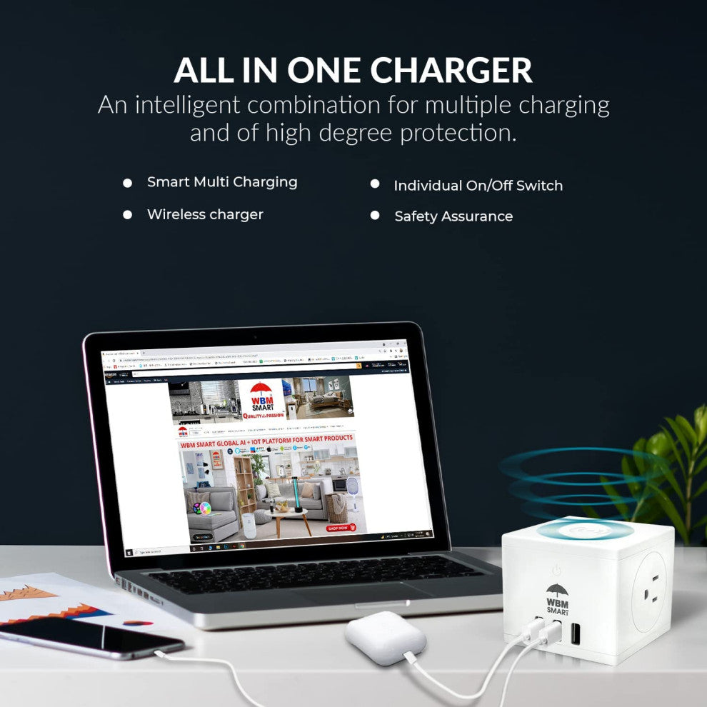WBM Smart USB Power Strip With Wireless Charger