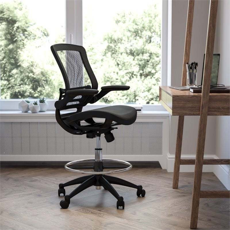 Mid-Back Transparent Black Mesh Drafting Chair with Black Frame and Flip-Up Arms
