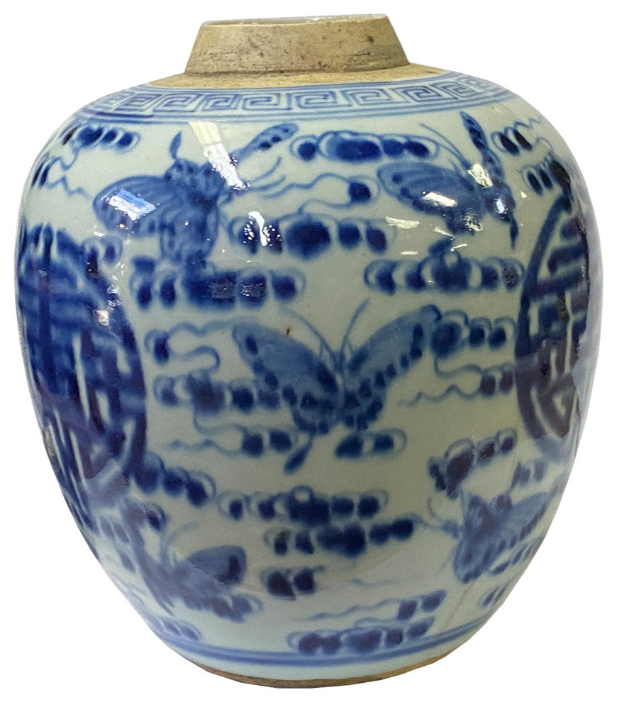 Oriental Handpainted Butterflies Small Blue White Porcelain Ginger Jar Hws2310