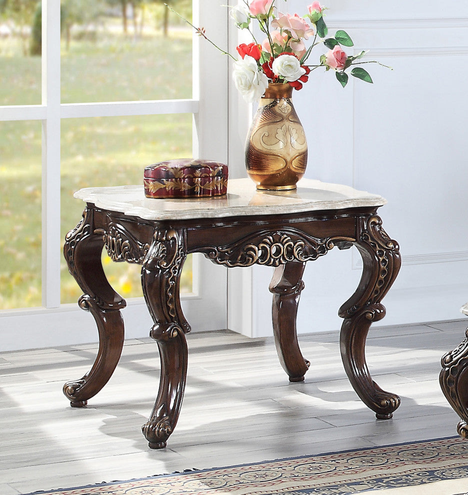 Wood and Marble End Table, Antique Oak and White