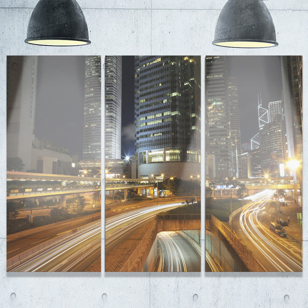 "Skyscrapers and Busy Traffic" Metal Wall Art, 3 Panels, 36"x28"