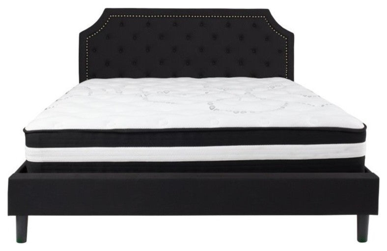 King Size Tufted Platform Bed, Black With Pocket Spring Mattress