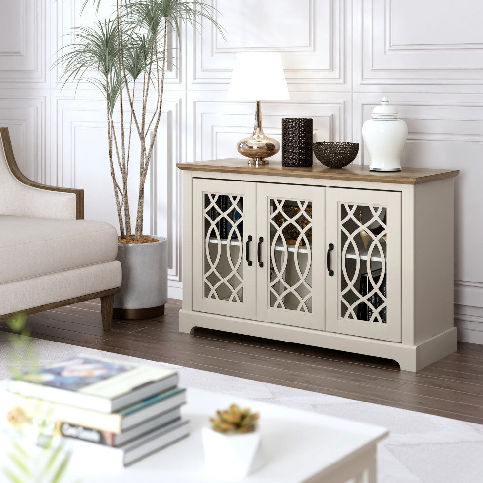 Raccon Wood 45.7 in. 3 Doors Sideboard with Adjustable Shelves, Ivory With Knotty Oak