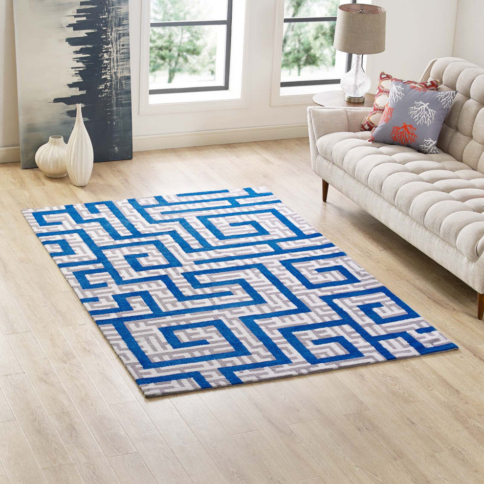 Ivory, Light Gray and Blue Nahia Geometric Maze 5x8 Area Rug