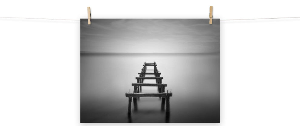 Soft Lake & Abandoned Pier Black & White Landscape Photo Loose Wall Art Print, 18" X 24"