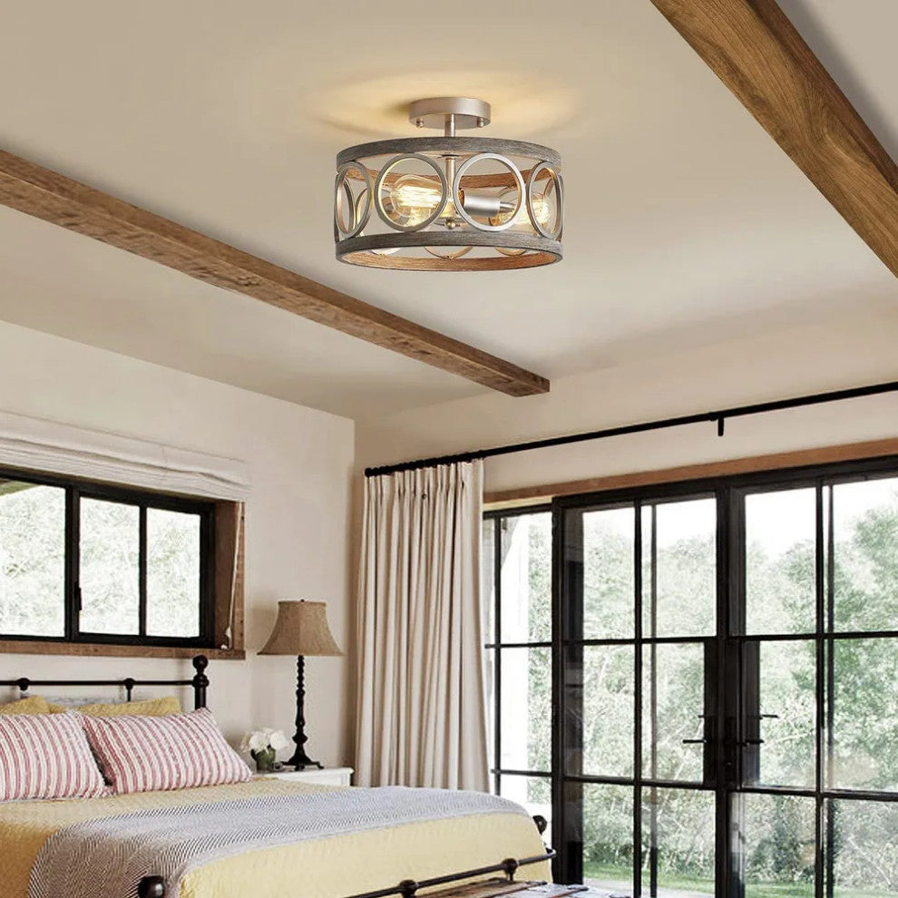 3 Light Semi Flush Mount Ceiling Lighting Fixture, Antique Wood Grain Drum