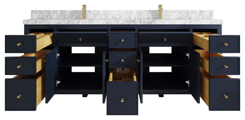 Sonoma 84 Double Sink Reeded Bath Vanity in Hale Navy Blue 2" Carrara Marble