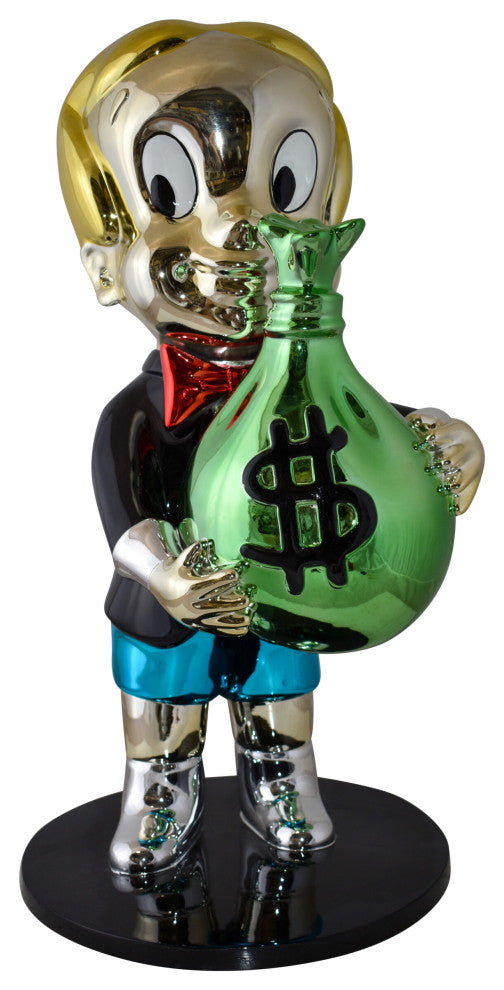 Excited Cartoon Boy Holding Money Bag Resin Statue Large Size: 16" x 16" x 32"