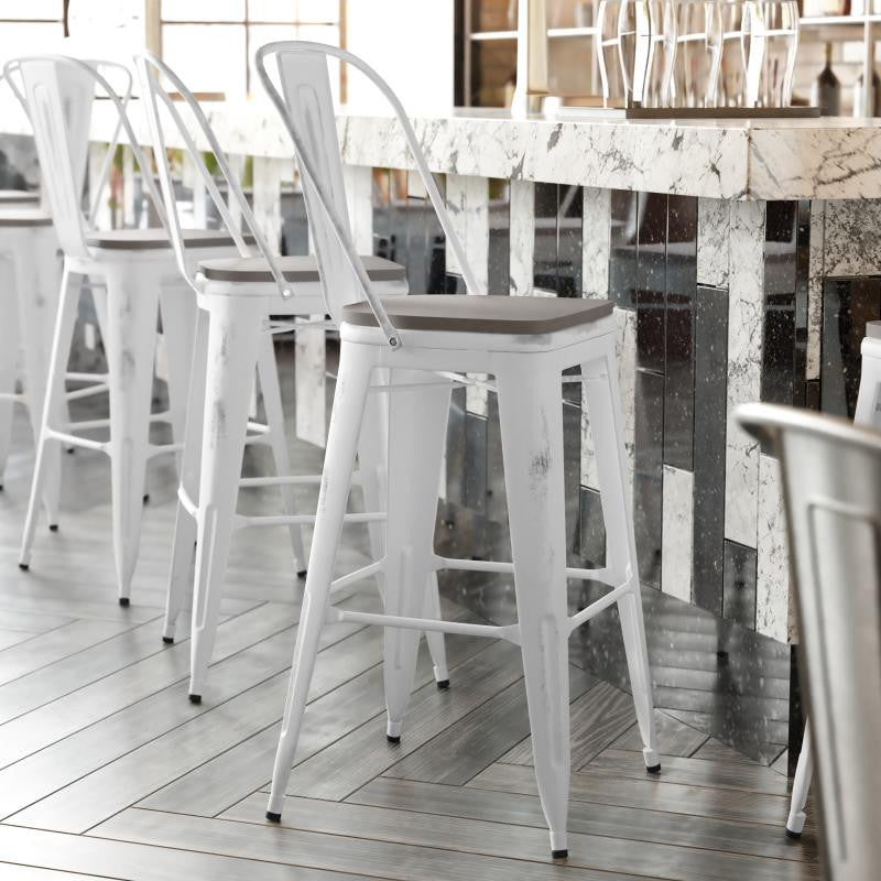 Carly Commercial Grade 30" High Metal Indoor-Outdoor Bar Stool, White/Gray