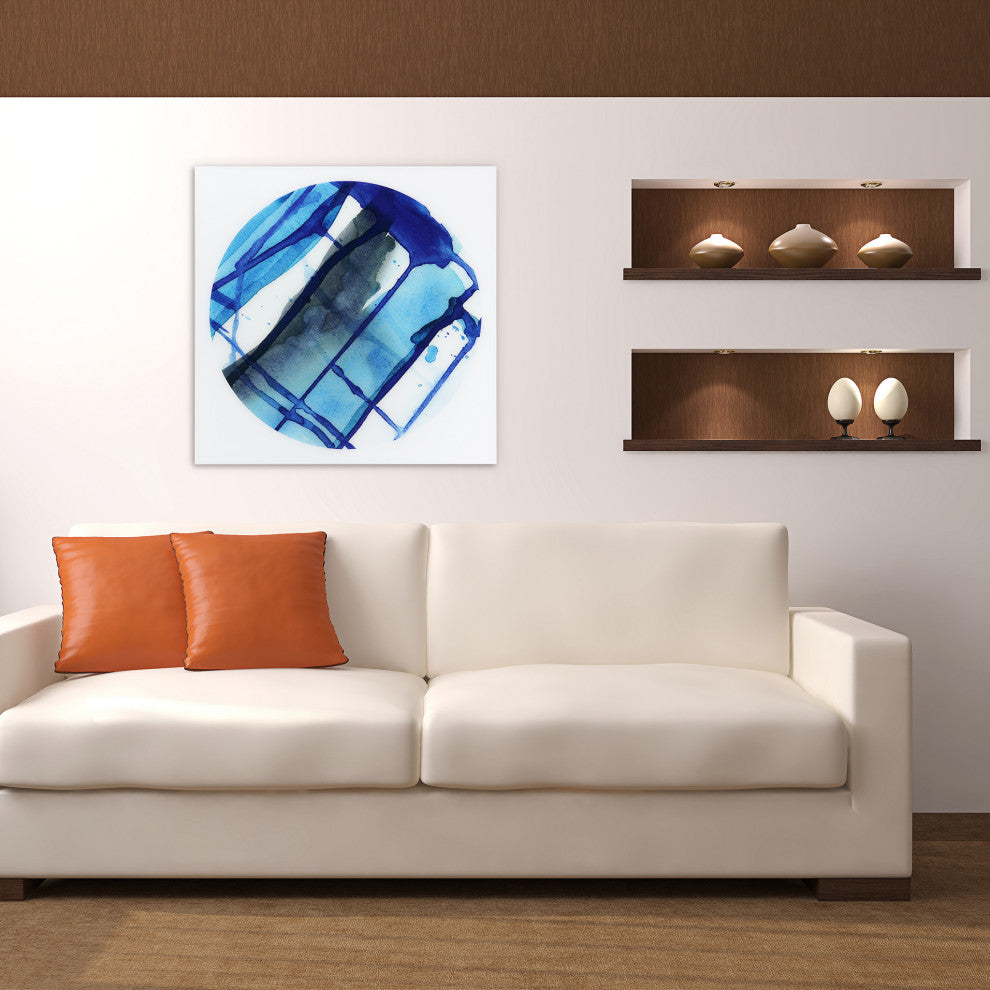 "Blue Stripes" Abstract Wall Art Frameless Free Floating Tempered Glass Panel