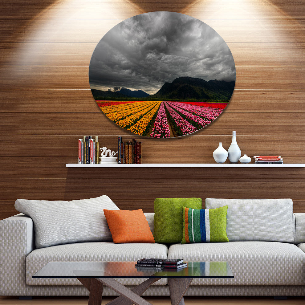 Parallel Rows Of Colorful Tulips, Landscape Disc Metal Wall Art, 11"