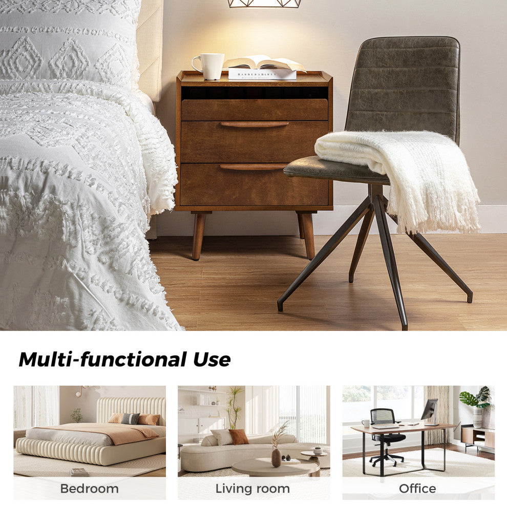 Mid-Century Modern 3-Drawer Nightstand With Charging Station, Walnut