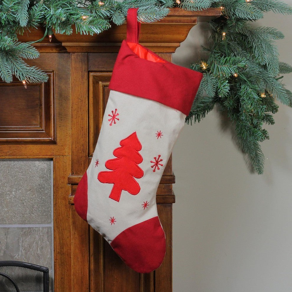 18" White and Red Tree With Snowflakes Rustic Christmas Stocking With Red Cuff