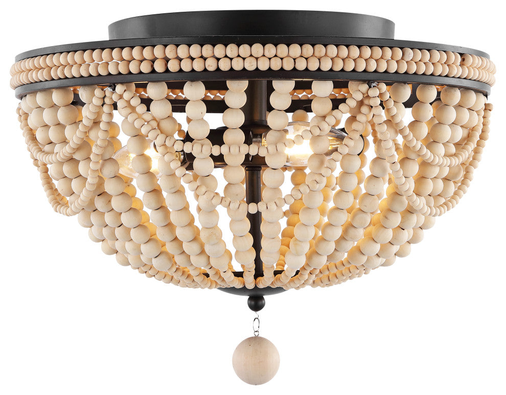 Dune Wood Bead 3-Light Farmhouse LED Semi Flush Mount, Oil Rubbed Bronze/Taupe