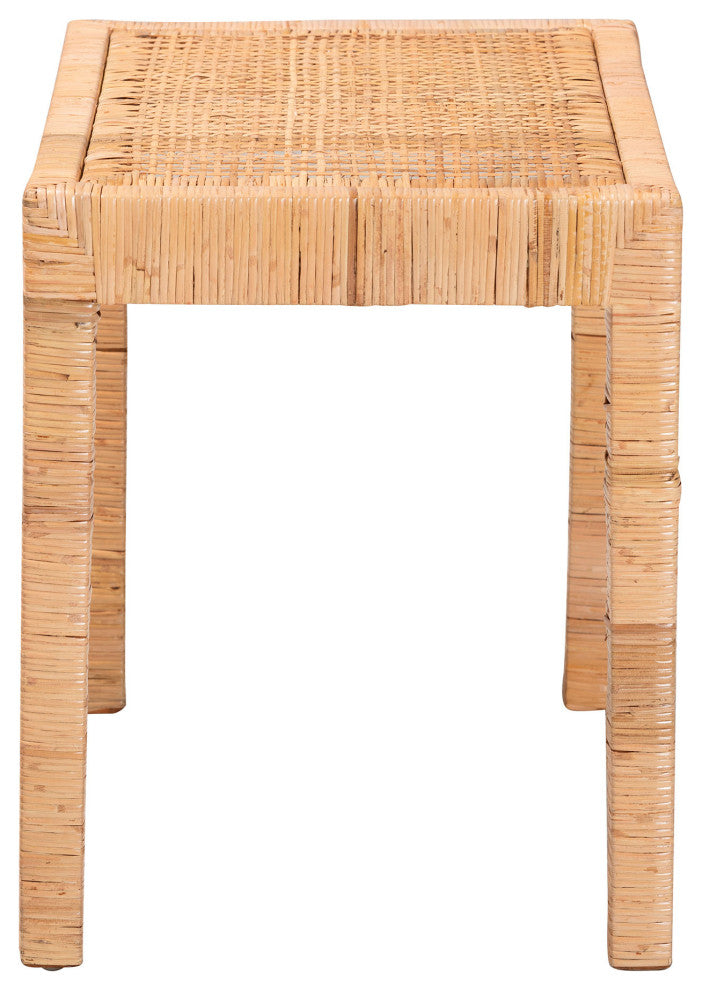 Abelia Modern Bohemian Natural Rattan and Mahogany Wood Short Accent Bench