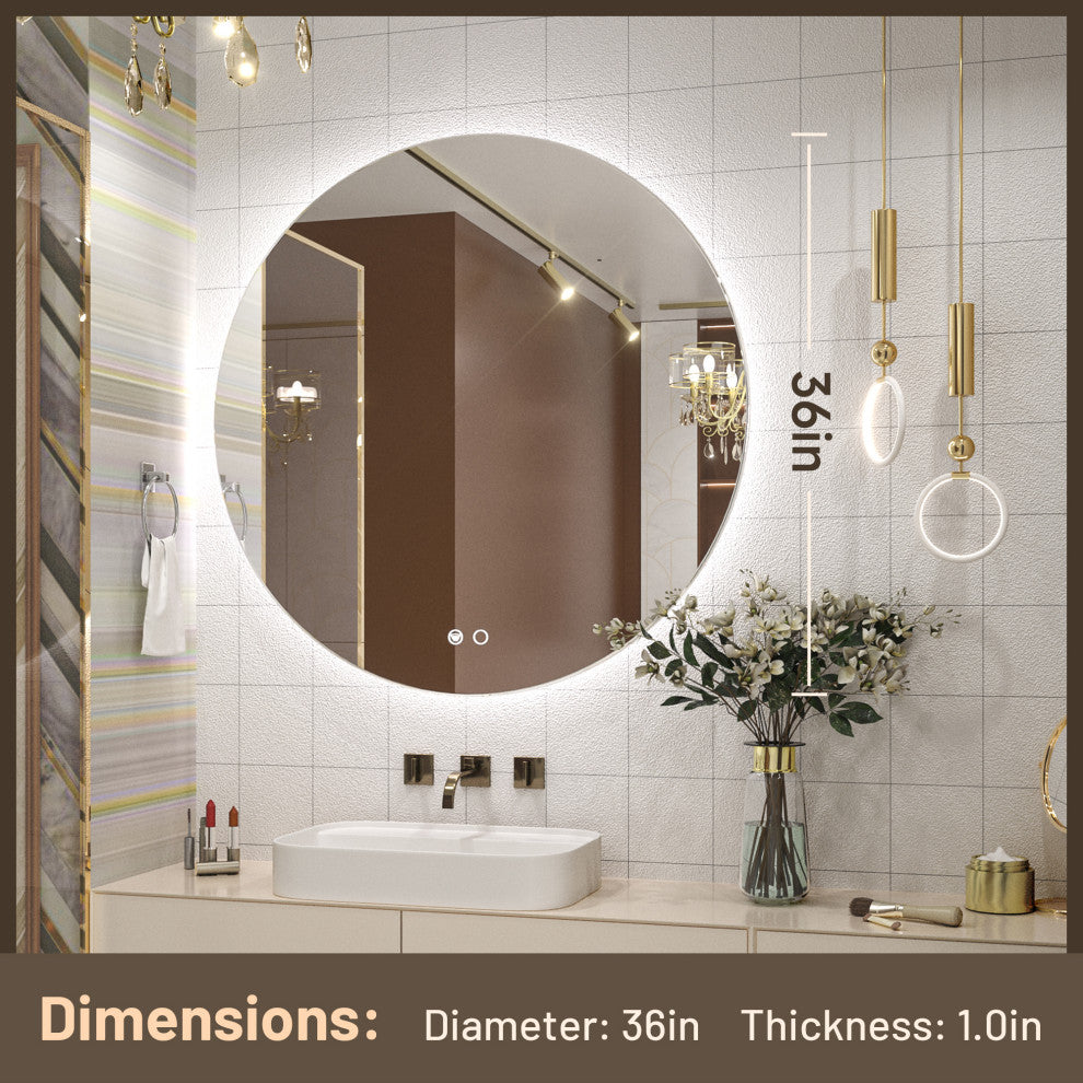 Round LED Vanity Mirror With Backlit, Anti-Fog & Dimmable LED, 36x36