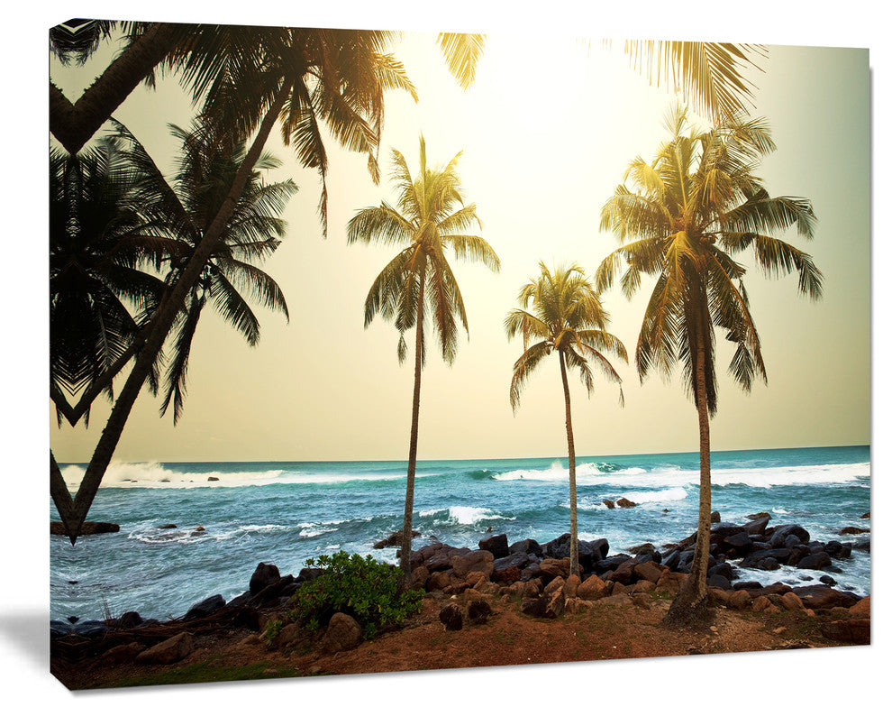 Rocky Tropical Beach with Palms, Seashore Canvas Art Print, 20"x12"