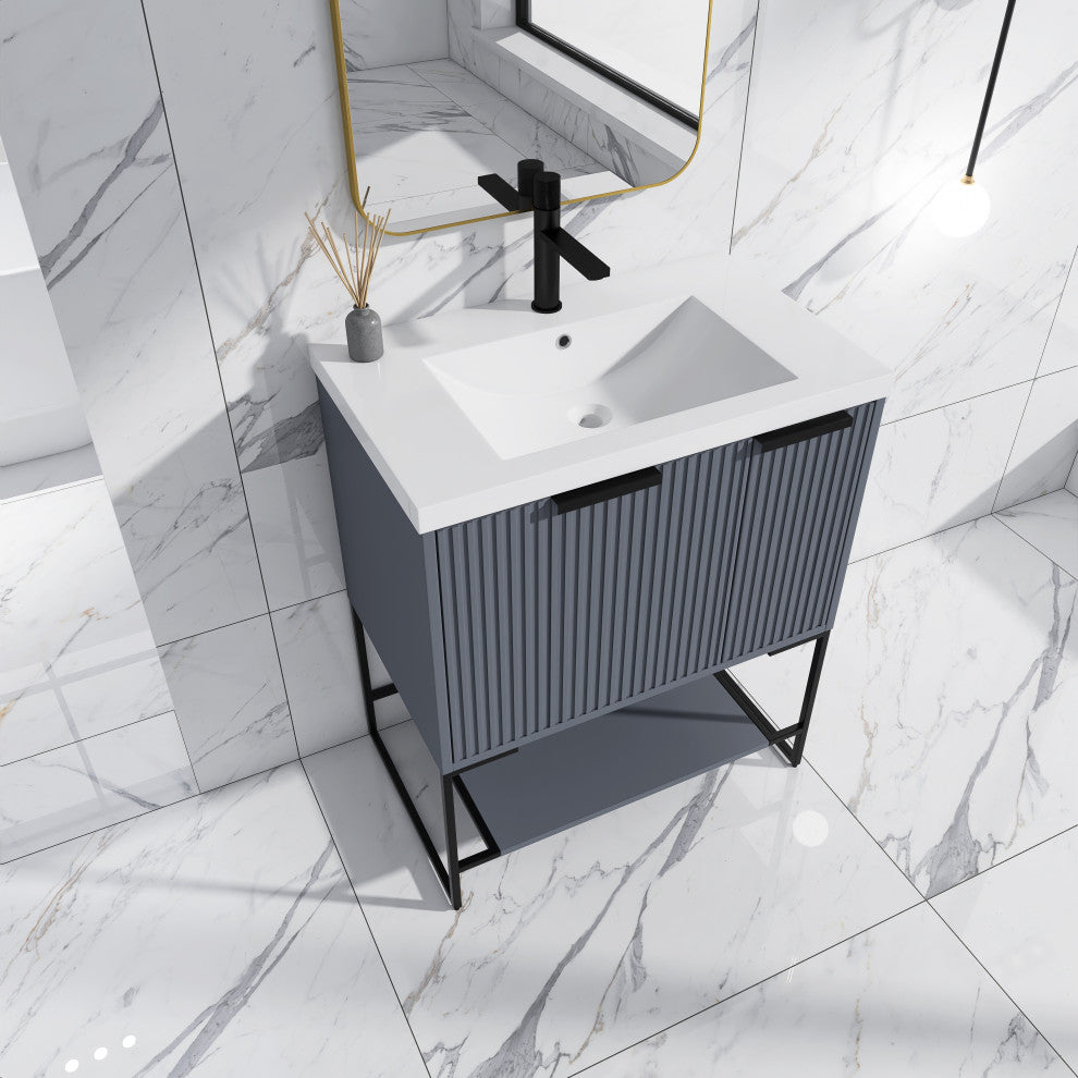 Plywood Freestanding Bathroom Vanity Set with White Ceramic Sink , Rock Grey, 30