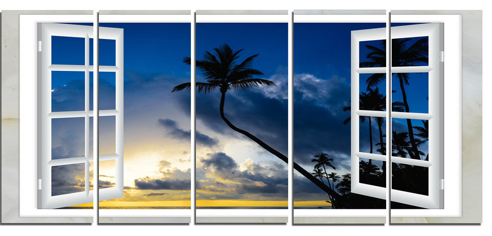 "Window To Beach With Coconut Palms" Landscape Art Wall Art, 5 Panels, 60"x28"